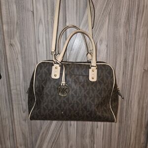 Michael Kors Brown and Cream Satchel with Gold Hardware